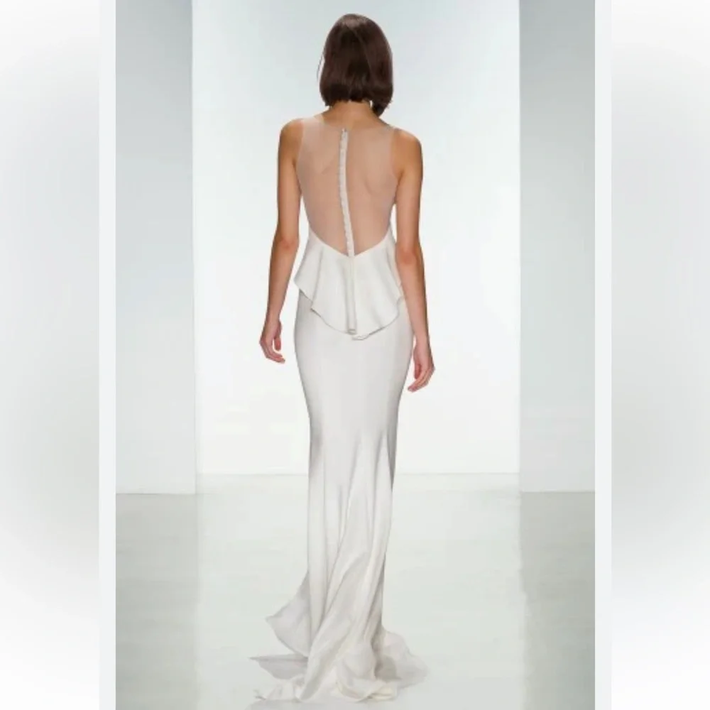 Amsale Demi Silk Crepe Sheer Back Button Ivory Wedding Gown in Size 14 - Picture 3 of 10